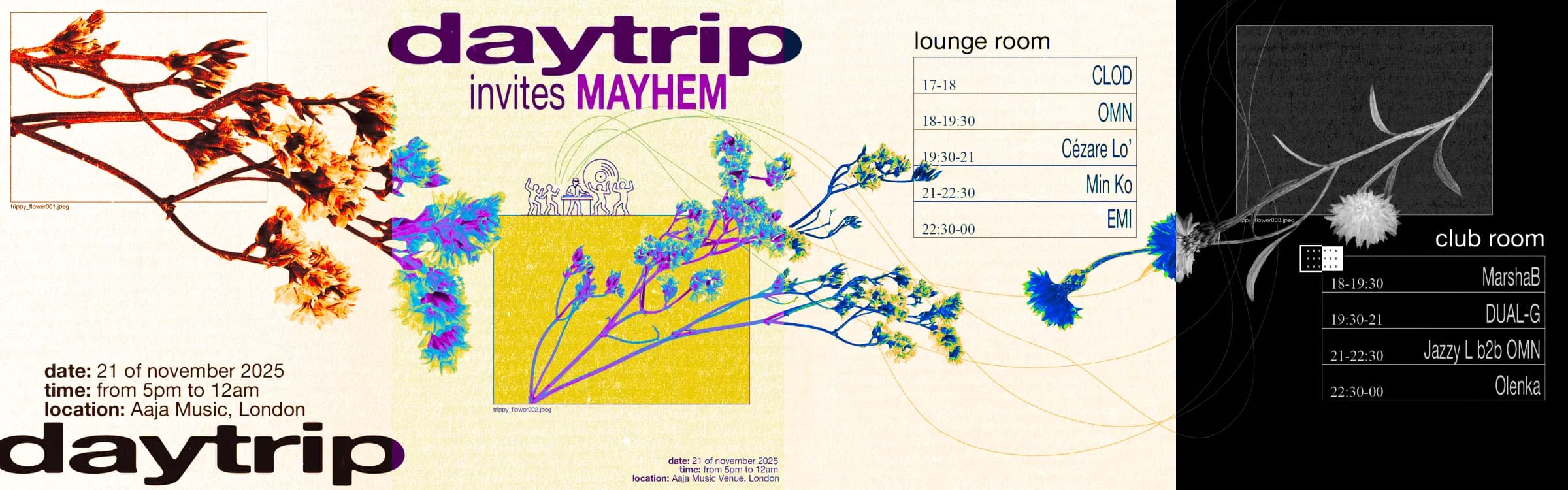 Daytrip invites Mayhem at Aaja Music flyer and two-room timetable